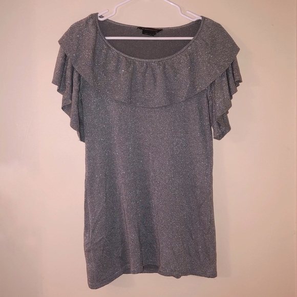 BCBGMaxAzria Silver Sparkly Ruffle Flutter Top BCBG - Picture 1 of 5